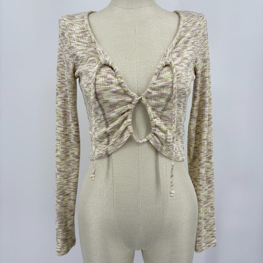 Le Lis Long Sleeve Cropped Tie-Front Top, Sz Small, Green Space Dye Festival